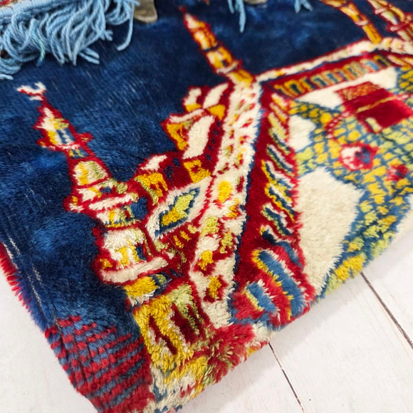 Vintage 60s 70s Carpet Bag blue tapestry kilim large foldover fringe French - Picture 5 of 14